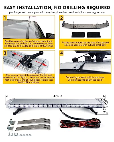LUMENIX 48 Inch Amber LED Rooftop Emergency Strobe Lights Bar w/Adjustable Mounting Brackets, Warning Caution Security Lightbar for Construction Vehicles Law Enforcement Snowplow Tow Trucks - color: Amber