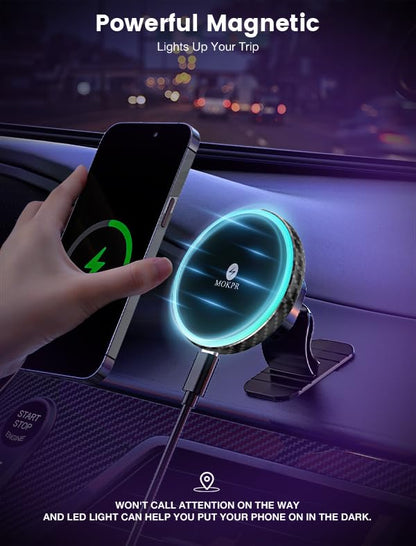 MOKPR for Magnetic Car Mount Charger-15W Wireless Car Charger-Magnetic Car Phone Holder for Dash Air Vent-LED RGB HandsFree Car Mount Fast Car Charger for iPhone 14/13/12 Series Carbon Fiber - color: Carbon Fiber