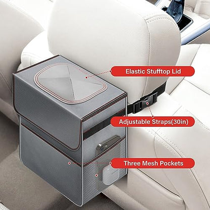 Simple Deluxe Car Trash Can with Lid and Storage Pockets, Multipurpose Garbage Bin with Adjustable Straps, Collapsible and Portable Organizer, 2 Gallon, Grey