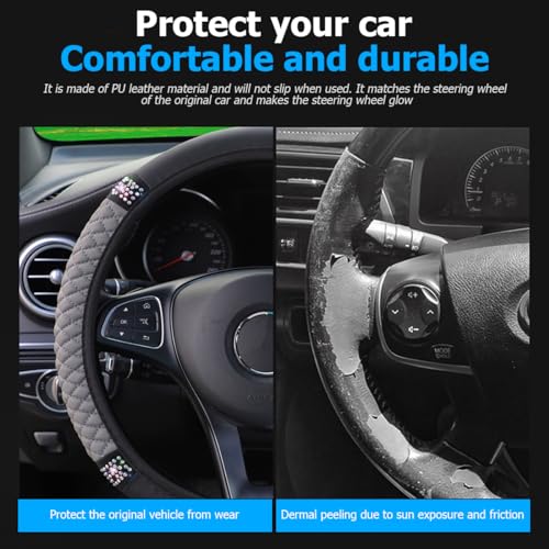 Osilly Bling Car Steering Wheel Cover, 15 Inch Rhinestones Soft Leather Elastic Steering Wheel Protector, Sparkly Crystal Diamond for Women Girls (Gray) - color: Gray