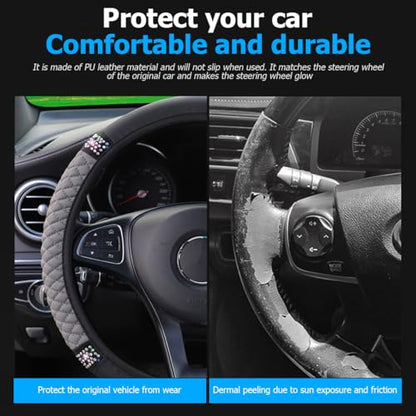 Osilly Bling Car Steering Wheel Cover, 15 Inch Rhinestones Soft Leather Elastic Steering Wheel Protector, Sparkly Crystal Diamond for Women Girls (Gray) - color: Gray