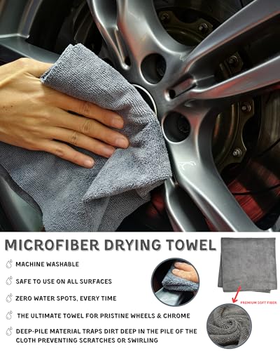 oesee 7PCS Pro-Grade Wheel Cleaning Kit: Long Handle Soft Wheel Brushes, Detailing Brush, Tire Scrubber, Wash Mitt, Hex-Logic Applicator & Microfiber Towel for Deep Car Detailing - size: 7 Packs