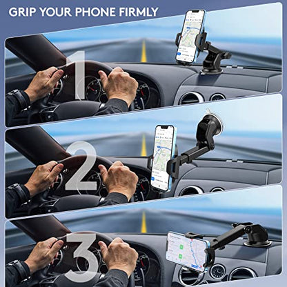 Car Phone Holder Mount, [Strong Suction Cup] [Military Grade Durable] for Windshield and Dashboard, Adjustable Long Arm Compatible with iPhone 17 16 15 14 Pro Max and All Smartphones,Black