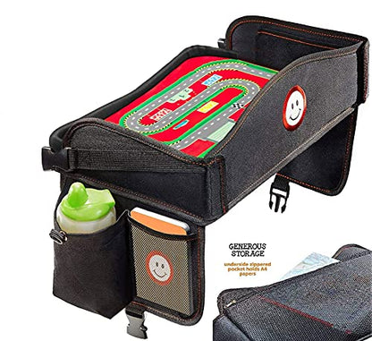 Coolmum Kids Travel Tray, Toddler Car Seat Tray, Double Sided Activity Organizer, Snack Lap Tray, Baby Stroller Table, Airplane Play Table, Waterproof and Foldable (Premium Black) - color: Premium Black