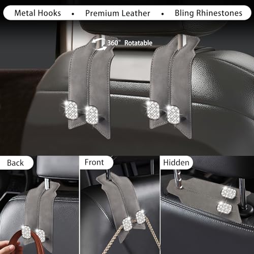 2Pcs Bling Car Headrest Hooks, Premium Leather & Sparkling Rhinestone Dual Metal Hooks, Back Seat Organizer for Bags, Coats, Purses and Groceries (Crystal Gray) - color: Crystal Gray 2Pcs