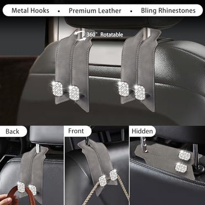 2Pcs Bling Car Headrest Hooks, Premium Leather & Sparkling Rhinestone Dual Metal Hooks, Back Seat Organizer for Bags, Coats, Purses and Groceries (Crystal Gray) - color: Crystal Gray 2Pcs