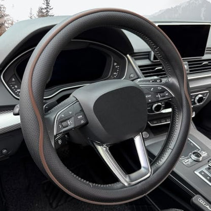 HAOTULE Leather Steering Wheel Cover， with Anti-Slip Stripe Design - Enhanced Grip, Fashion Style, Safe, Non-Slip, Breathable. Upgrade car Interior，Black Brown - color: Black Brown