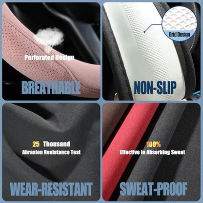 Pink Suede D Shaped Steering Wheel Cover, Breathable Non-Slip Sweat-Proof Wear-Resistant No Pilling, Warm in Winter and Cool in Summer, Universal 15 inch - color: Pink, size: D Shape-M[14.5''-15'']