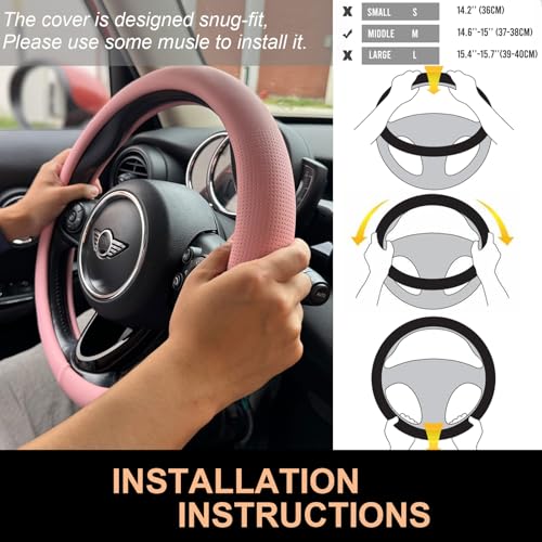 PINCTROT Nappa Leather Steering Wheel Cover, Slim Fit No Bulk Design, One Piece Leather with Breathable Perforation, Fit Like Gloves, Universal 14.5-15 Inch(Nappa Pink) - color: 04.Pink, size: Medium(Standard) Size[14 1/2''-15'']