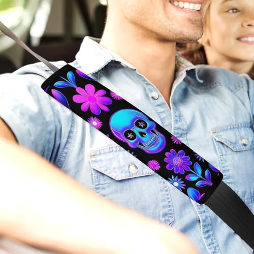 Men's Car Belt Covers 2PCS Fashion Cushion Pad Car Shoulder Strap Harness Pad Neon Purple Flowers Floral Skull - color: Color849