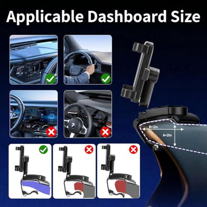 YUHENG Car Phone Holder Mount for Dashboard Rearview Mirror Sun Visor,360° Rotation & Strong Grip,Universal Adjustable Phone Clamp for iPhone 17 Pro Max 3–7” Phones | One-Hand Use, No-Block View