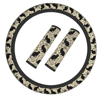 Cat Steering Wheel Cover Elastic Non-Slip Car Steering Wheel Covers with Seat Belt Shoulder Pad for Women Men - color: Cat
