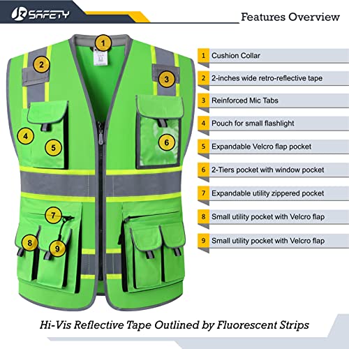 JKSafety 10 Pockets Hi-Vis Zipper Front Fluorescent Green Safety Vest | Cushioned Collar | High Reflective Tapes with Extended Neon Yellow Strips | Meets ANSI/ISEA Standards (Medium, 89-Green) - color: Greent1s1, size: Medium