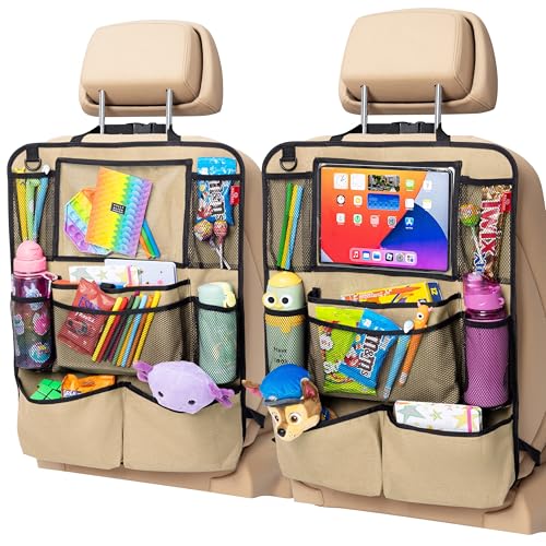 Helteko Backseat Car Organizer, Kick Mats Back Seat Protector with Touch Screen Tablet Holder, Back Seat Organizer for Kids with 9 Storage Pockets, Travel Accessories (2 Pack, Beige) - color: Beige