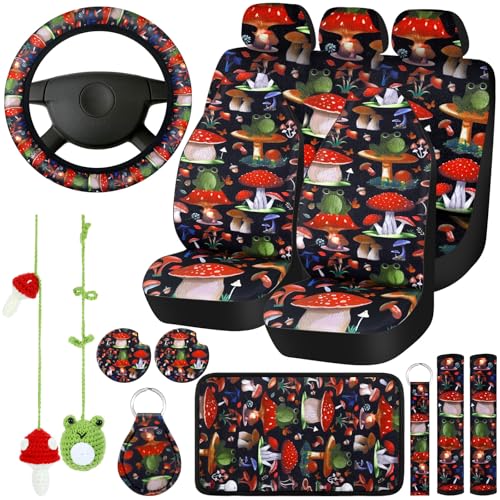 Riakrum 17 Pcs Mushroom Car Seat Covers Mushroom Car Accessories Full Set for Women Men Automotive Rear Front Seat Protector View Mirror Hanging Ornament Steer Wheel Belt Cover(Mushrooms and Frogs) - style: Mushrooms and Frogs