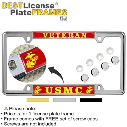 [Officially Licensed US Marine Corps Product] - Veteran USMC with EGA Emblem - Domed Custom-Made Personalized Thin Top 4-Hole Metal Car License Plate Frame with Free caps - Chrome Frame (Qty: 1) - color: Chrome - Style 2