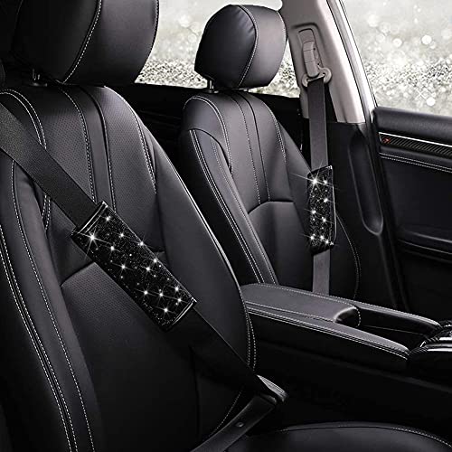 Seat Belt Pads 2-Pack Bling Seat Belt Covers Soft PU Leather Crystal Seat Belt Shoulder Pads Rhinestone Bling Car Accessories For Women (Black) - color: Black