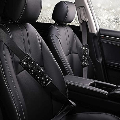 Seat Belt Pads 2-Pack Bling Seat Belt Covers Soft PU Leather Crystal Seat Belt Shoulder Pads Rhinestone Bling Car Accessories For Women (Black) - color: Black