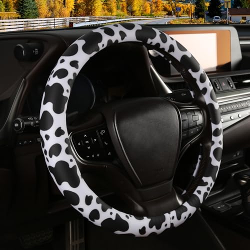 Cow Print Steering Wheel Cover with Silicone Inner Ring, Non-Toxic, Odorless Silicone Leather with Non-Fading Cow Pattern for Men Women, Universal 14.5 to 15 Inch (Cow Print) - style: Cow Print
