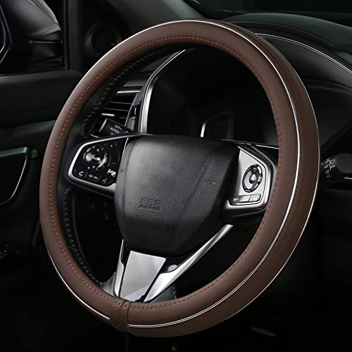 ALEMODR Brown Leather Steering Wheel Cover Fiber Strip Car Steering Wheel Cover Universal 15 inch for Men - color: Brown