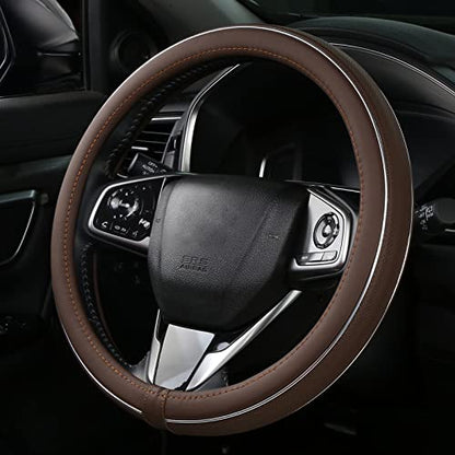 ALEMODR Brown Leather Steering Wheel Cover Fiber Strip Car Steering Wheel Cover Universal 15 inch for Men - color: Brown