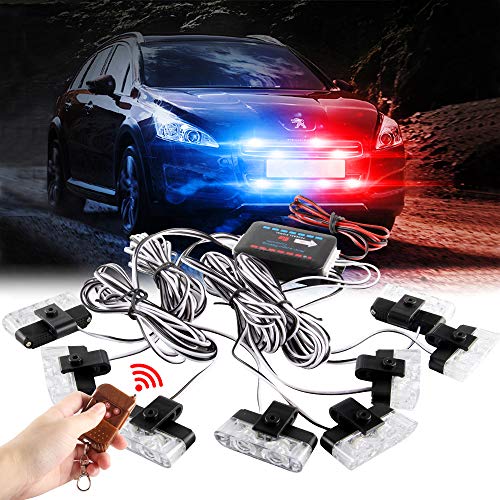 16LED Grille Strobe Lights - Red Blue Dash Deck Visor Police Flash for Car Truck Ambulance - Emergency Warning With Remote Control Wireless 12V - color: red blue, size: 8 in 1