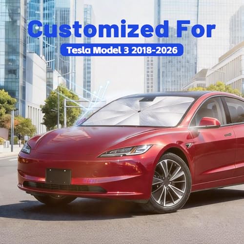 Car Windshield Sun Shade for Tesla Model 3 2018-2026 –[Reflective Coated Fabric] Sunshade Umbrella for Front Window, Car Shades Sun Visor Keep Car Cool and Protects Interior, 1:1 Exact Fit - size: For Tesla Model 3 2018-2026