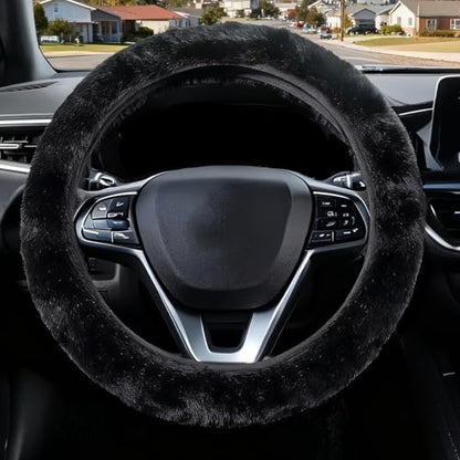 Furry Car Steering Wheel Cover, Fluffy Cover, Soft Warm Plush Non-Slip, 14 1/2-15 inch, for Women Girls, Black - color: single cover - black