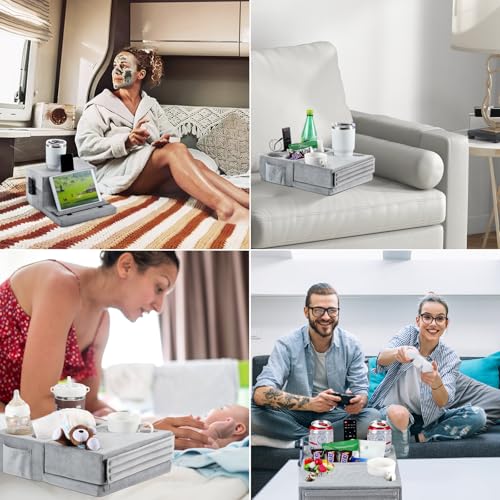 Luxspire Couch Cup Holder, Couch Caddy with 8 Holes and Side Pocket, Couch Cup Holder Tray for iPad/Drinks/Remote Control/Snacks Holder, Gray - color: Larger Gray