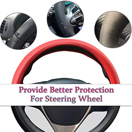 Evankin Red Leather Steering Wheel Cover, Comfortable and Soft Solid Color Universal Steering Wheel Cover 15 inch, Suitable for Most Cars (Red) Valentine's Day - color: Red
