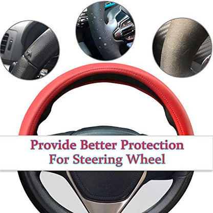 Evankin Red Leather Steering Wheel Cover, Comfortable and Soft Solid Color Universal Steering Wheel Cover 15 inch, Suitable for Most Cars (Red) Valentine's Day - color: Red