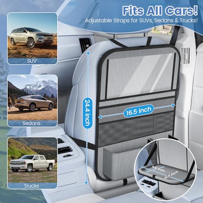 2PACK-Car Backseat Organizer with Touch Screen Tablet Holder,9 Storage Pockets Storage Organizer with Foldable Food Tray, Protector Kick Mats for Kids, Travel Accessories Organizer (Grey) - style: 2 Pack with Food Tray-Grey
