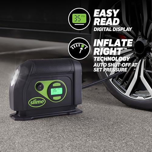 Slime 40088 Tire Inflator, Portable Car Air Compressor, Inflate Right automatic shut off, with Digital 99 psi Display, Long Hose and LED Light, 12V, 6 min inflation - style: Digital