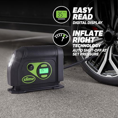 Slime 40088 Tire Inflator, Portable Car Air Compressor, Inflate Right automatic shut off, with Digital 99 psi Display, Long Hose and LED Light, 12V, 6 min inflation - style: Digital