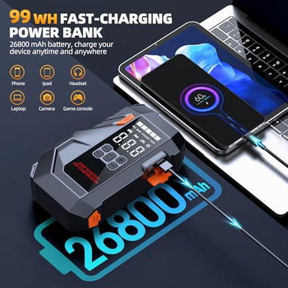 10-in-1 Portable Car Battery Jump Starter with Air Compressor, Jump Starter 6000A 26800mAh 160PSI (All Gas/12L Diesel), 12V Jump Box Car Battery Jumper Starter Portable Jumper Cables, Lights - color: Grey-black