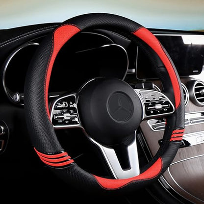Iwantit® Premium Grip Steering Wheel Cover with Anti-Slip Rubber Ring, Made of Carbon Fiber & Breathable PU Leather, Universal Fit for 14.5-15 Inch Car and SUV (Passion Red) - color: 003-Passion Red