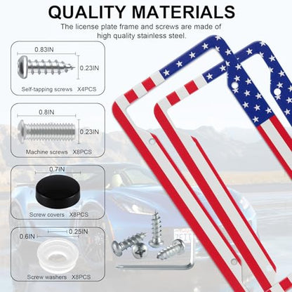 LivTee American Flag License Plate Frames, 4 Holes Stainless Steel License Plate Covers, 2PCS License Plate Holder, Automotive Exterior Accessories,Red & Blue - color: Flag Red & Blue