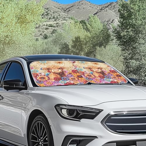 Highland Cow Windshield Sun Shade 2 Piece Mandala Flower Windshield Sunshade Sun Visor Protector Sun Reflector Blocks UV Sun and Keeps Your Vehicle Cool - color: Highland Cow Mandala Flower