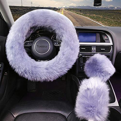 Yontree Fashion Fluffy Steering Wheel Covers for Women/Girls/Ladies Australia Pure Wool 15 Inch 1 Set 3 Pcs (Gray) - color: Gray, size: Long Wool