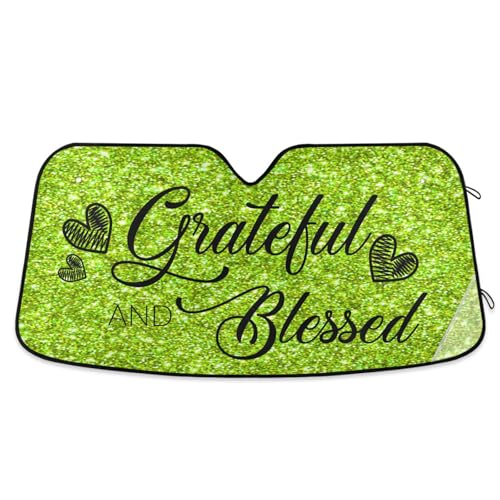 Dussdil Grateful and Blessed Lime Green Glitter Car Windshield Sunshades Shiny Sun Shade Reflective Protector Visor Cover Shades for Truck SUV Front Window 53x24 in - color: Multi 01, size: 53 inch * 23.5 inch