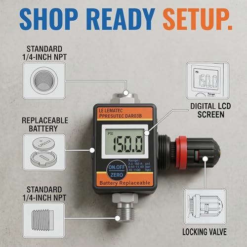 LE LEMATEC Digital Air Pressure Regulator with Locking Valve for Air Slip Prevention, 1/4 NPT Inline Airflow Regulator Up to 160 PSI for Air Compressor, HVLP Spray Paint Gun & Pneumatic Tools (DAR03B) - style: Locking Valve Version
