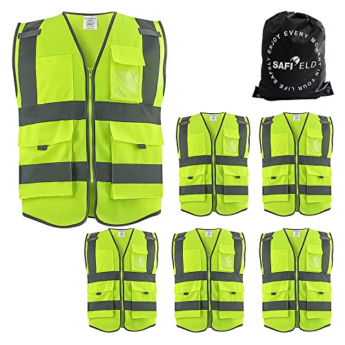 Safety Reflective Work Vest 6 Pack for Men and Women with 8 Pockets and Zipper High Visibility Construction Outerwear - color: Neon Yellow, size: XX-Large