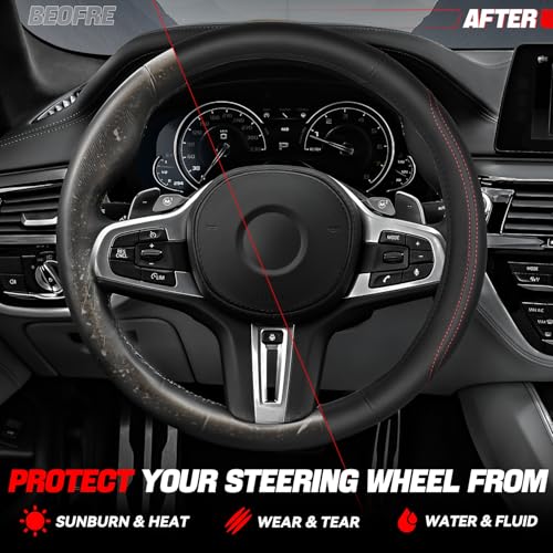 Auto Dynasty Car Steering Wheel Cover, Microfiber Leather Steering Wheel Covers Protector with Anti-Slip Inner Lining, Universal 14.5 to 15 Inch Car Interior Accessories, Black/Red Contrast Stitching - color: Stitched Red C