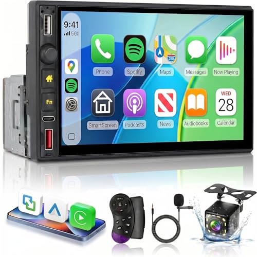 Single Din Radio Car Stereo with Wireless CarPlay & Android Auto, 7 Inch IPS Touch Screen Car Audio with Bluetooth，Mirror Link, FM,EQ, USB/Type-C/U Disk, SWC for Single Din Car Stereo - style: Dual USB & Side Buttons