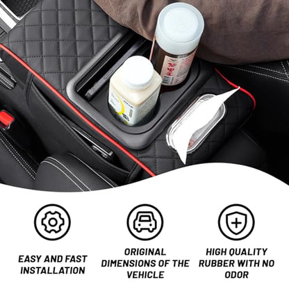 Car Armrest Cushion, 5 in 1 Center Console Cover with 2 Cup Holders, Phone Holder, Tissue Holder, Storage Bag, Multifunctional Leather Heightened Car Armrest Cushion for Most Cars - color: Black&Red