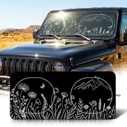 63"x28.5" Car Windshield Sun Shade with Storage Pouch, Stylish Printed Front Window Sunshade with Double Ring Frame, Universal Fit Foldable Heat Blocker & UV Protector for SUV, Sedan (Line Plants) - color: Line Plants