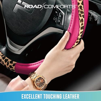 Road Comforts Steering Wheel Cover - Made with PVC Leather and Leopard Fabric - Universal 14 1/2 inches to 15 inches for Most Automotive Steering Wheel - Cheetah Print -Hot Pink - color: Round-Hotpink