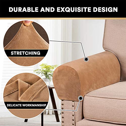 PrinceDeco 4 Pack Thick Velvet Stretch Armrest Covers for Chairs and Sofas - Non Slip, Camel - color: Camel