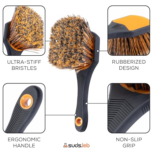 Suds Lab Wheel Spoke Brush Rubberized Handle Soft Bristle Car Detailing Wheel Brush, Rim, Wheel, Dust Cleaner Brush