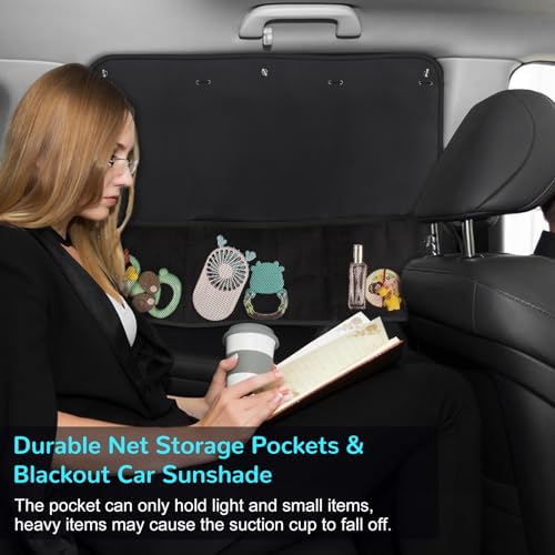 Car Sun Shade Side Window, 2 Pcs Blackout Car Window Shade for Baby Privacy with Storage Net Pockets Auto Curtains 7 Suction Cups for Heat/UV Protection Sun Block Covers - color: Black-2pcs